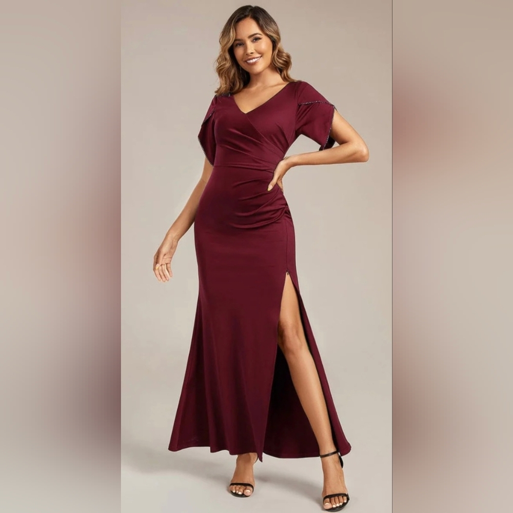 Burgundy V-Neck Maxi Dress, Tulip Sleeves, Adjustable Side Slit Sz 16 - Picture 5 of 14